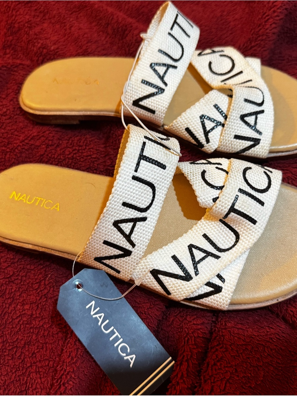 Nautica Cream Canvas Logo Slide Sandals with Black Print